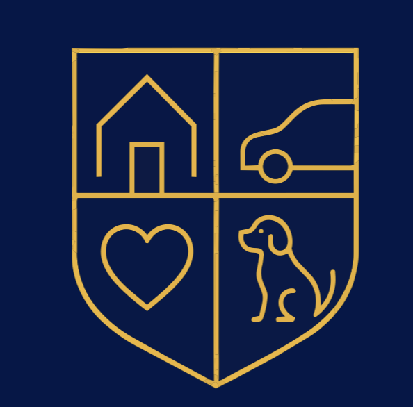 Wappen des Lübbers Versicherungsbüros mit Haus, Auto, Herz und Hund